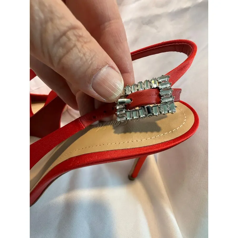 Saks Fifth Avenue Red Satin Crystal Buckle Slingback Pumps Heels Size 40